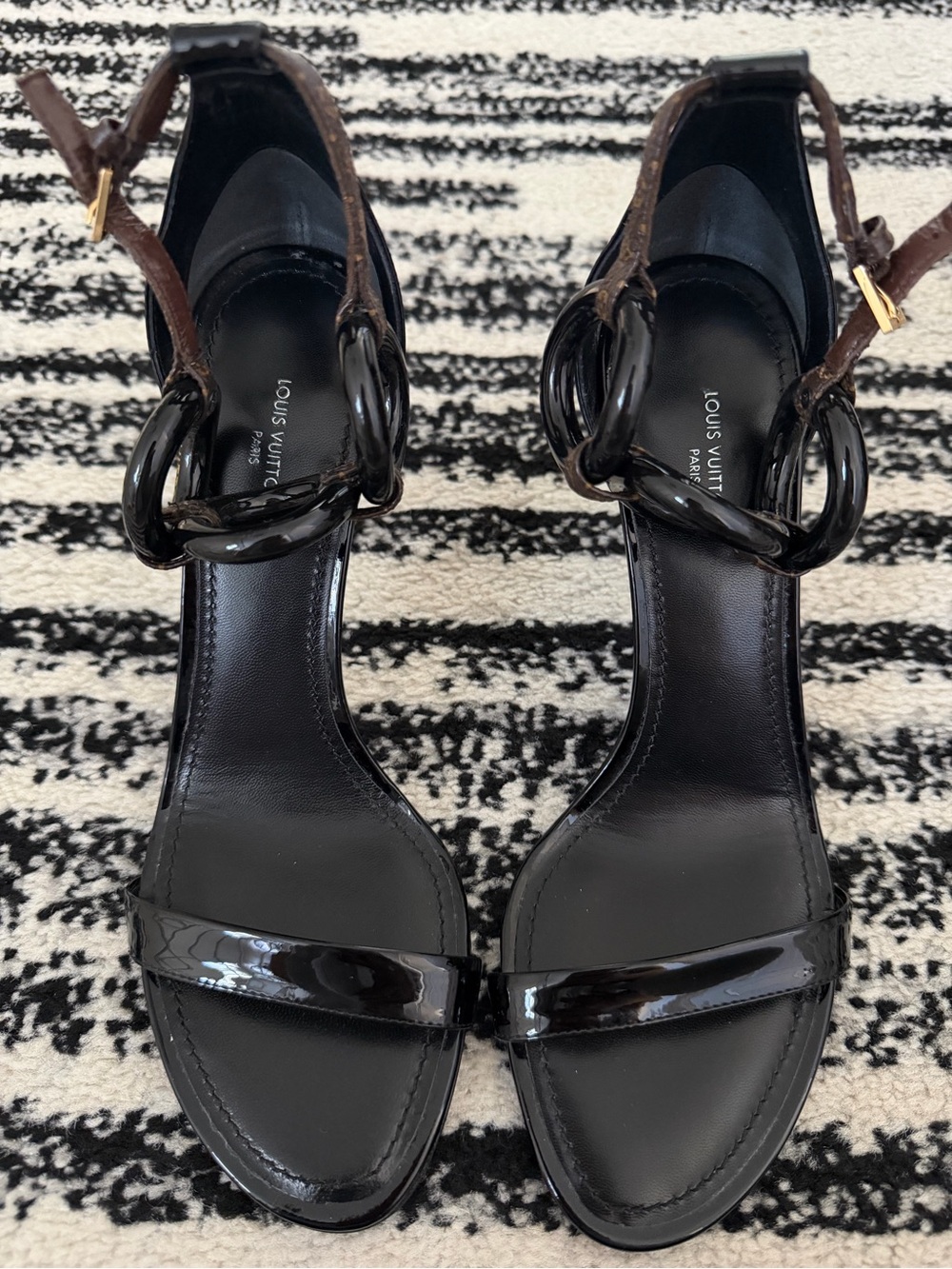 Louis Vuitton Black Patent Leather Ankle Strap Heels